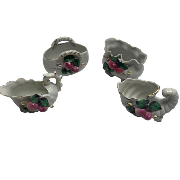 Porcelain White Ceramic Small Vases Applied Fruit Lot of 4 Peaches & Flowers - Picture 1 of 10